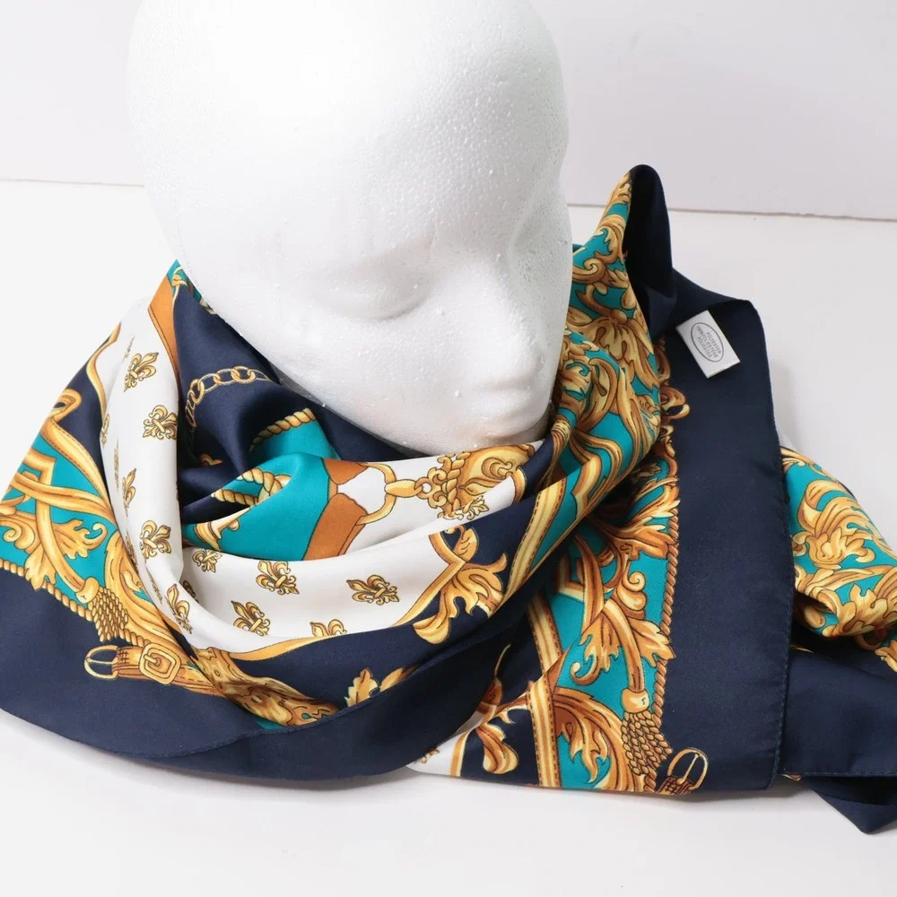 Firenze Italy Scarf‎ Square Baroque Equestrian Fleur de Lis Teal Navy Gold 34x34